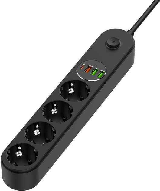 Przedłużacz listwy zasilającej ColorWay 4 gniazda/4 USB (typ C PD20W + 3 USB QC3.0) (45 W) 2 m czarny (CW-CHE44PDB) - obraz 2