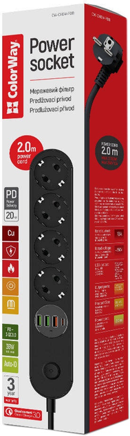 Przedłużacz listwy zasilającej ColorWay 4 gniazda/4 USB (typ C PD20W + 3 USB QC3.0) (45 W) 2 m czarny (CW-CHE44PDB) - obraz 5