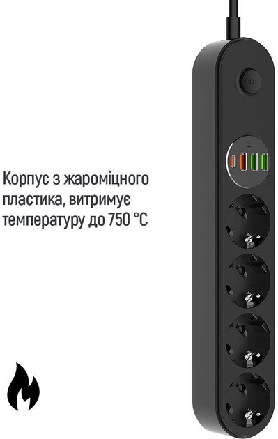 Przedłużacz listwy zasilającej ColorWay 4 gniazda/4 USB (typ C PD20W + 3 USB QC3.0) (45 W) 2 m czarny (CW-CHE44PDB) - obraz 6