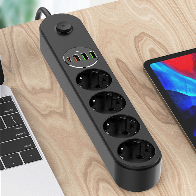 Przedłużacz listwy zasilającej ColorWay 4 gniazda/4 USB (typ C PD20W + 3 USB QC3.0) (45 W) 2 m czarny (CW-CHE44PDB) - obraz 9