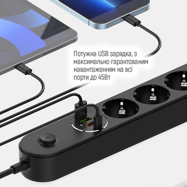 Przedłużacz listwy zasilającej ColorWay 4 gniazda/4 USB (typ C PD20W + 3 USB QC3.0) (45 W) 2 m czarny (CW-CHE44PDB) - obraz 11