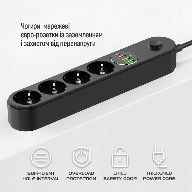 Przedłużacz listwy zasilającej ColorWay 4 gniazda/4 USB (typ C PD20W + 3 USB QC3.0) (45 W) 2 m czarny (CW-CHE44PDB) - obraz 16