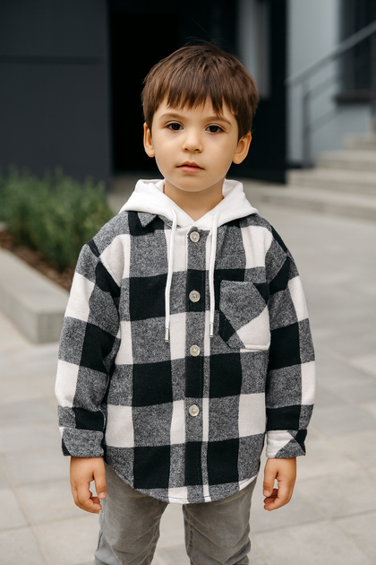 Рубашка в клетку оверсайз с капюшоном для мальчика 5-9 лет, кашемир,110, Белый - Фото 1 Рубашка в клетку оверсайз с капюшоном для мальчика 5-9 лет, кашемир,110, Белый - изображение 1