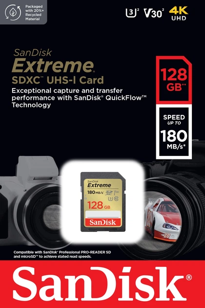 Карта памяти SANDISK Extreme SDXC 128GB UHS-I U3 V30 (SDSDXVA-128G-GNCIN) - Фото 3 Карта памяти SANDISK Extreme SDXC 128GB UHS-I U3 V30 (SDSDXVA-128G-GNCIN) - изображение 3