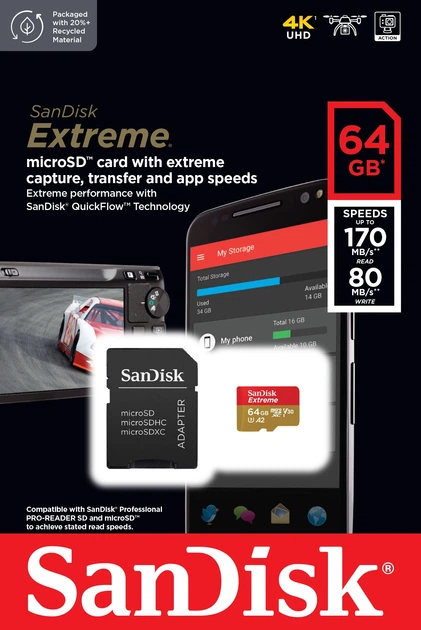 Карта памяти SanDisk Extreme microSDXC 64GB UHS-I U3 V30 +