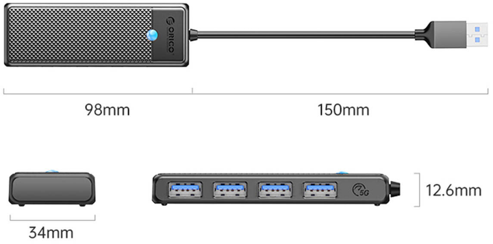 Hub USB Orico 4 x USB-A 3.0 5Gbps (PAPW4A-U3-015-BK-BP) - obraz 3