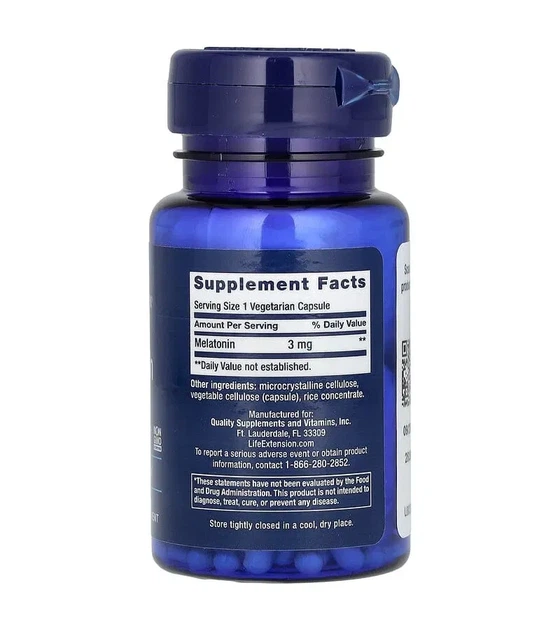 Мелатонин, Melatonin, Life Extension, 3 мг, 60 капсул - изображение 2
