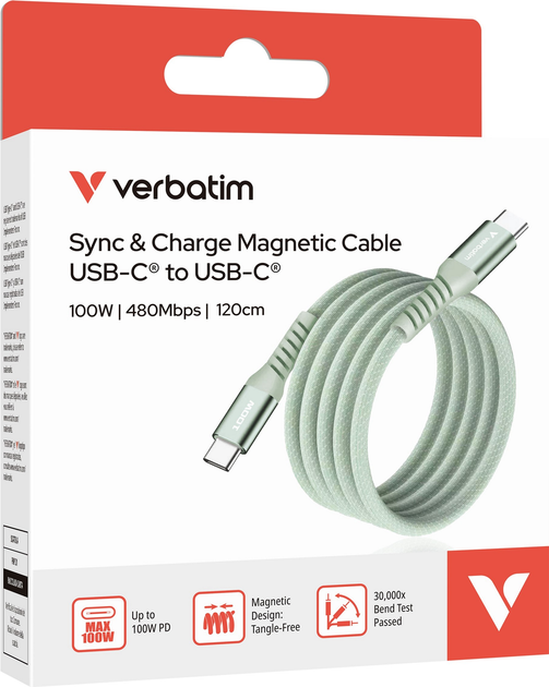 Кабель Verbatim Sync & Charge Magnetic 100W USB-C - USB-C 1.2 м Green (0023942318538) - зображення 3