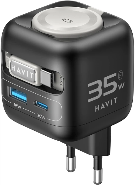 Мережевий зарядний пристрій Havit UC250 GaN 35W USB-A+USB-C +Кабель USB-C +Watch Charger (HV-UC250-BK) - зображення 2