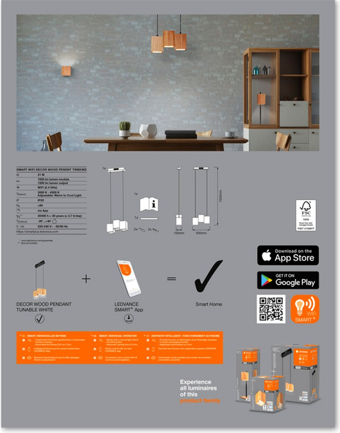 Lampa sufitowa LEDVANCE SMART+ Wi-Fi Decor Wood Pendant 21W 3000-6500K 1200Lm (4058075757462) - obraz 6