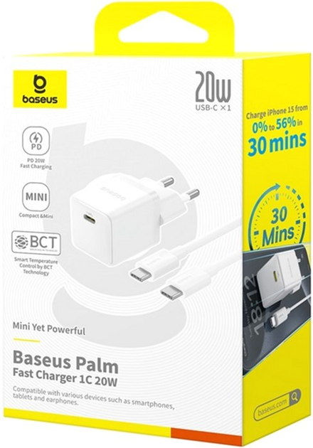 Ładowarka sieciowa Baseus Palm Fast Charger 1C 20W EU with Baseus Mini White Cable USB-C to USB-C 60W (20V/3A) 1 m Moon White (P10111602213-01) - obraz 6