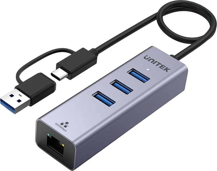 USB-хаб Unitek 4-in-1 Ethernet 3 x USB A 5Gbps USB-C з адаптером USB A Space Grey (Y-3088B) - зображення 2