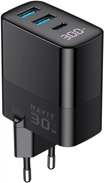 Ładowarka sieciowa Havit UCLE001 GaN 30W 2xUSB-A+USB-C (HV-UCLE001-BK) - obraz 2