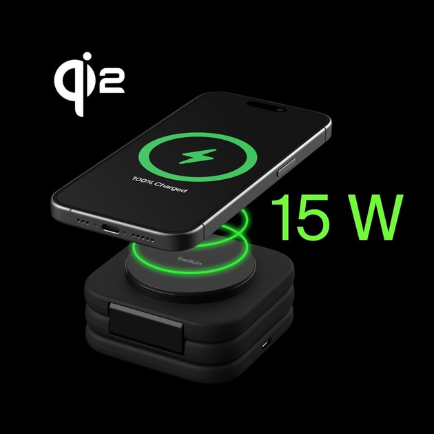 Індукційний зарядний пристрій Belkin BoostCharge Pro Travel Pad 3in1 Qi2 15W Black (WIZ024VFBK) - зображення 9