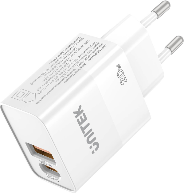 Мережевий зарядний пристрій Unitek USB-A + USB-C 20W White (P1124AWH01-EU) - зображення 2