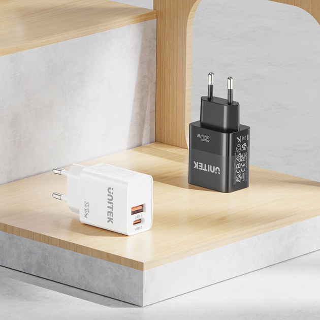 Мережевий зарядний пристрій Unitek USB-A + USB-C 20W Black (P1124ABK01-EU) - зображення 2