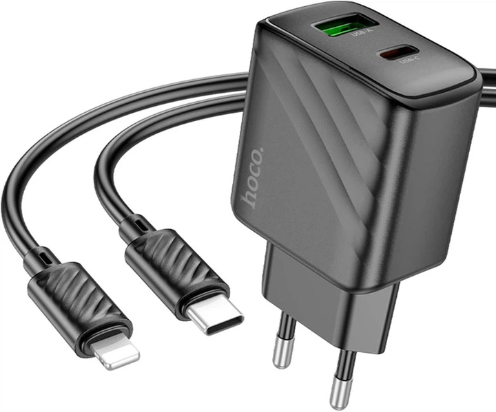 Мережевий зарядний пристрій з кабелем Hoco CS23A Sunlight dual-port PD30W+QC3.0 charger set (C to iP) (EU) Black (6942007609951) - Фото 1 Мережевий зарядний пристрій з кабелем Hoco CS23A Sunlight dual-port PD30W+QC3.0 charger set (C to iP) (EU) Black (6942007609951) - зображення 1