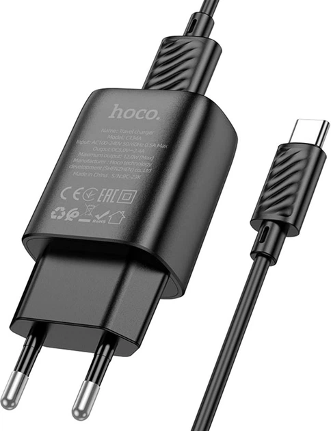 Сетевое зарядное устройство с кабелем Hoco C134A Solid single-port charger set (Type-C) (EU) Black (6942007621359) - Фото 4 Сетевое зарядное устройство с кабелем Hoco C134A Solid single-port charger set (Type-C) (EU) Black (6942007621359) - изображение 4