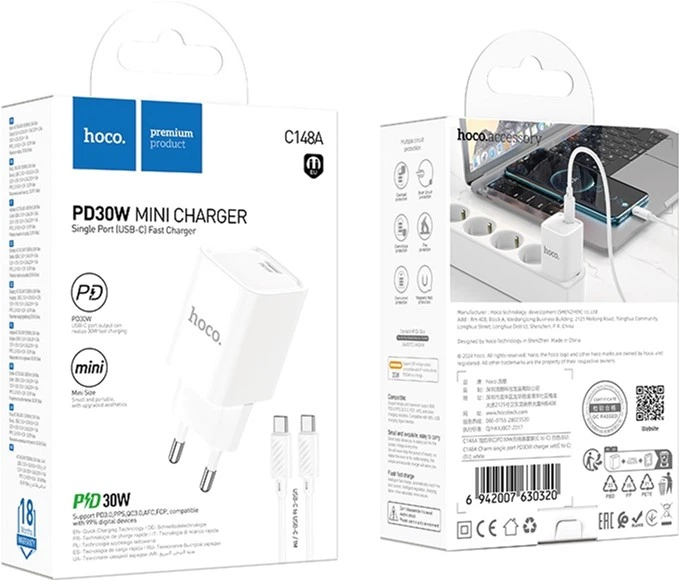 Мережевий зарядний пристрій з кабелем Hoco C148A Charm single port PD30W charger set (C to C) (EU) White (6942007630320) - Фото 2 Мережевий зарядний пристрій з кабелем Hoco C148A Charm single port PD30W charger set (C to C) (EU) White (6942007630320) - зображення 2