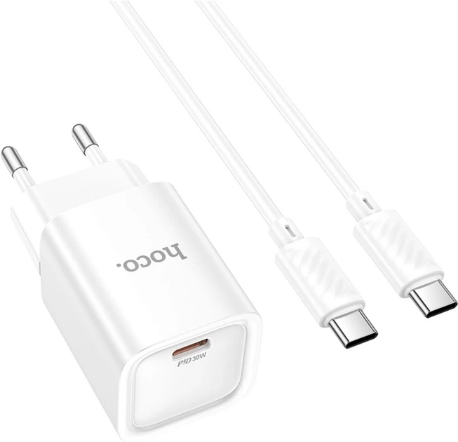Мережевий зарядний пристрій з кабелем Hoco C148A Charm single port PD30W charger set (C to C) (EU) White (6942007630320) - Фото 4 Мережевий зарядний пристрій з кабелем Hoco C148A Charm single port PD30W charger set (C to C) (EU) White (6942007630320) - зображення 4