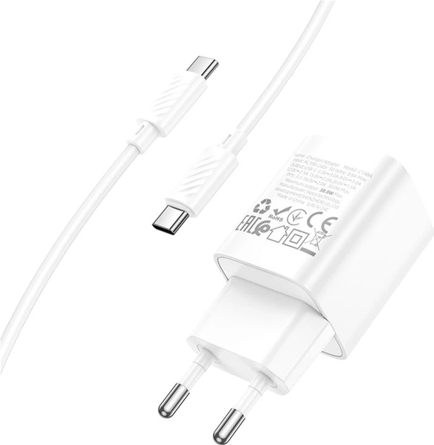 Мережевий зарядний пристрій з кабелем Hoco C148A Charm single port PD30W charger set (C to C) (EU) White (6942007630320) - Фото 5 Мережевий зарядний пристрій з кабелем Hoco C148A Charm single port PD30W charger set (C to C) (EU) White (6942007630320) - зображення 5