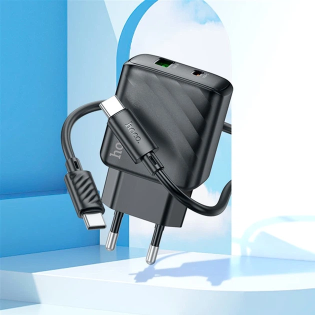 Мережевий зарядний пристрій з кабелем Hoco CS23A Sunlight dual-port PD30W+QC3.0 charger set (Type-C to Type-C) (EU) Black (6942007609968) - зображення 7