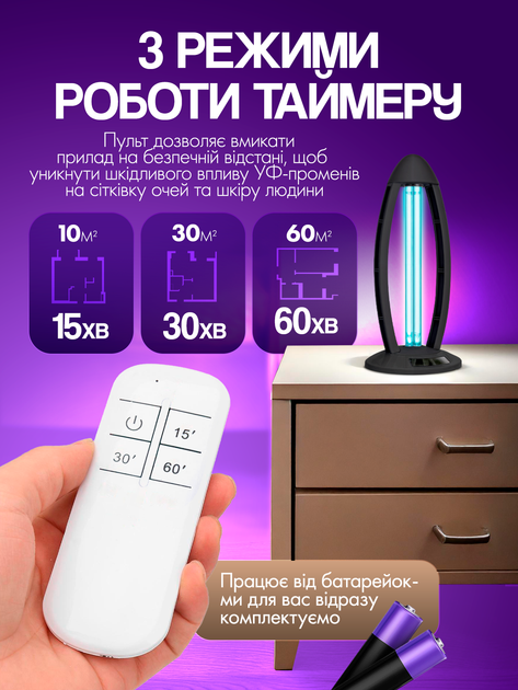 Кварцевая лампа бактерицидная ультрафиолетовая безозоновая для дома дезинфекции и кварцевания помещений 38w дистанционное управление бытовой кварцеватель SBT group black - изображение 4