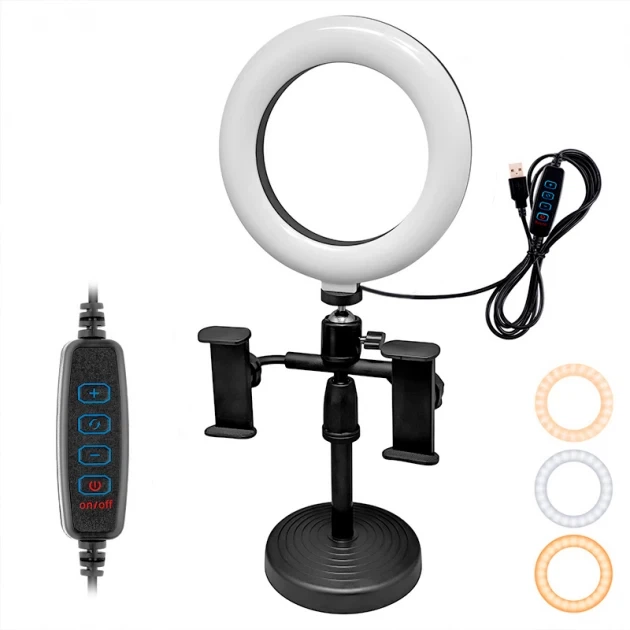 Настольная кольцевая лампа Phone Live Fill Light WN 20 с держателем для двух телефонов селфи свет - Фото 1 Настольная кольцевая лампа Phone Live Fill Light WN 20 с держателем для двух телефонов селфи свет - изображение 1