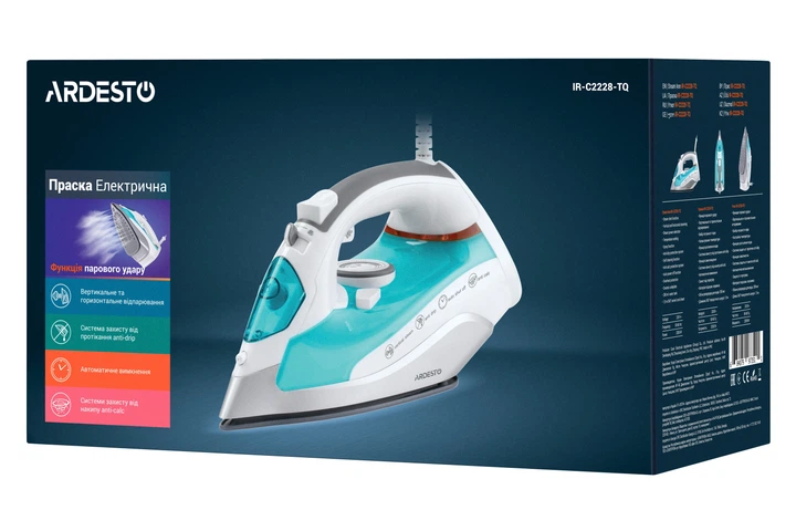 Праска Ardesto IR-C2228-TQ, 2200Вт, 280мл, паровий удар-100гр, керамічна підошва, голубий (00110848) - изображение 11