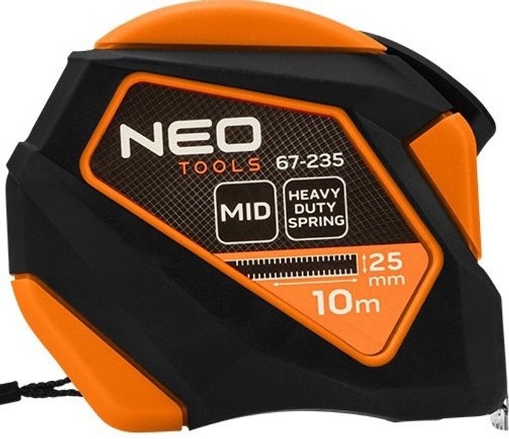Рулетка NEO Tools сталева 10 м x 25 мм з автоматичним блокуванням, кнопкою зупинки та магнітом 67-235 (5907558472226) - зображення 1