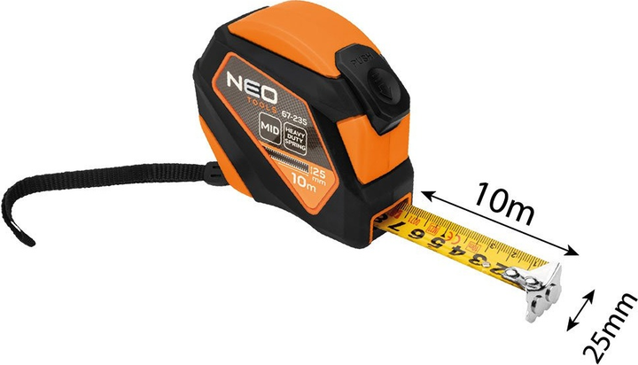 Рулетка NEO Tools сталева 10 м x 25 мм з автоматичним блокуванням, кнопкою зупинки та магнітом 67-235 (5907558472226) - зображення 9