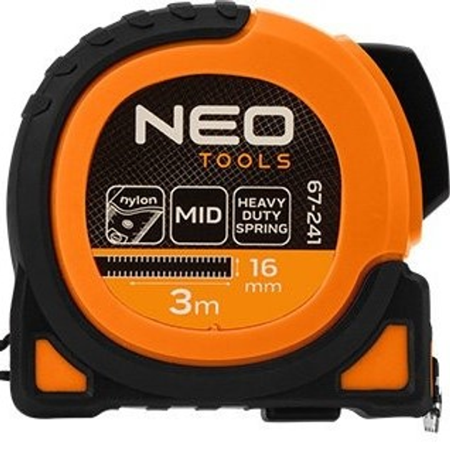 Рулетка NEO Tools Super Black сталева 3 м x 16 мм з автоматичним блокуванням, 2 кнопками стоп та магнітом 67-241 (5907558472233) - зображення 1