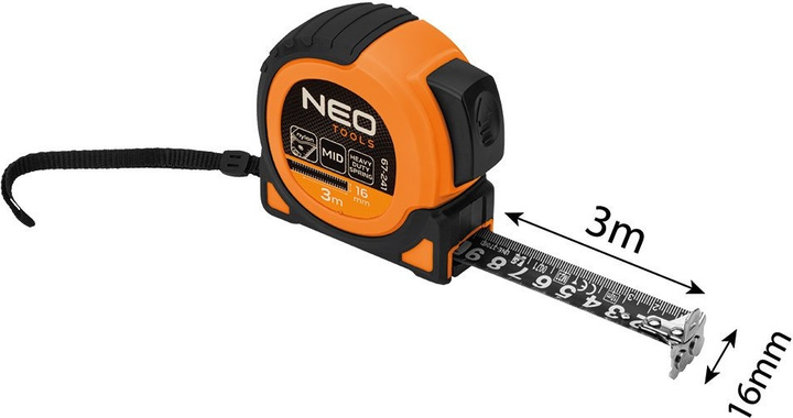 Рулетка NEO Tools Super Black сталева 3 м x 16 мм з автоматичним блокуванням, 2 кнопками стоп та магнітом 67-241 (5907558472233) - зображення 9