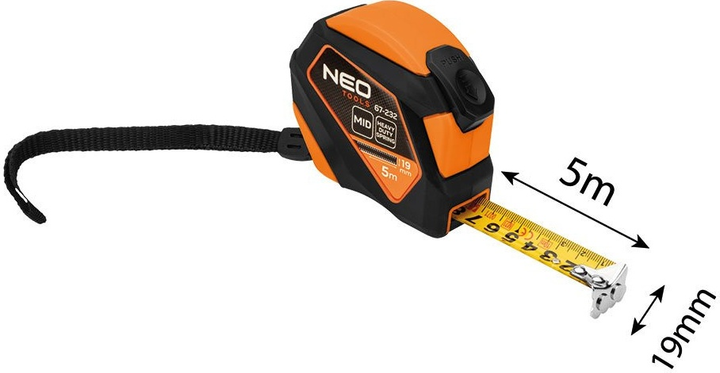 Рулетка NEO Tools сталева 5 м x 19 мм з автоматичним блокуванням, кнопкою зупинки та магнітом 67-232 (5907558499988) - зображення 9