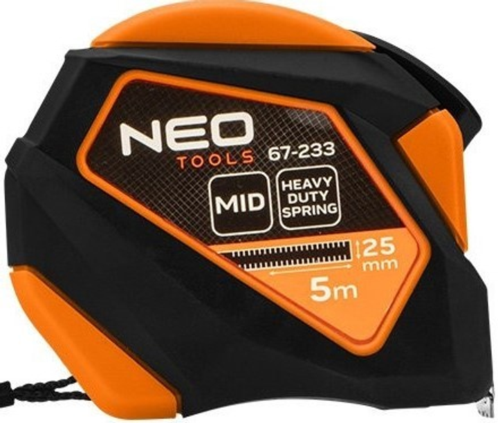 Рулетка NEO Tools сталева 5 м x 25 мм з автоматичним блокуванням, кнопкою зупинки та магнітом 67-233 (5907558499995) - зображення 1