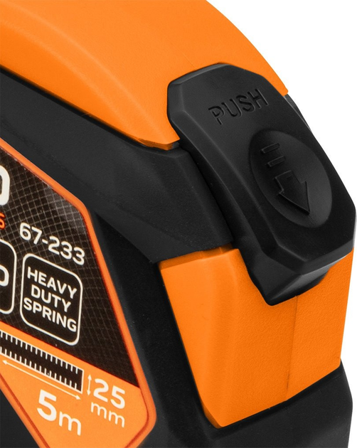 Рулетка NEO Tools сталева 5 м x 25 мм з автоматичним блокуванням, кнопкою зупинки та магнітом 67-233 (5907558499995) - зображення 6
