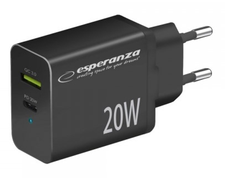 Мережевий зарядний пристрій Esperanza 20W USB-C + USB-A Black (5901299960561) - зображення 1