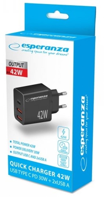 Мережевий зарядний пристрій Esperanza 42W USB-C PD 30W / 2x USB-A 12W Black (5901299960585) - зображення 3