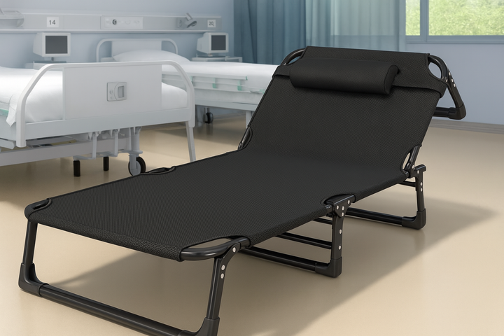 Раскладная кровать с Mesh-матрасом и подушкой LEOBRO Black 193х68х30 см, с регулировкой спинки, черная - Фото 2 Раскладная кровать с Mesh-матрасом и подушкой LEOBRO Black 193х68х30 см, с регулировкой спинки, черная - изображение 2