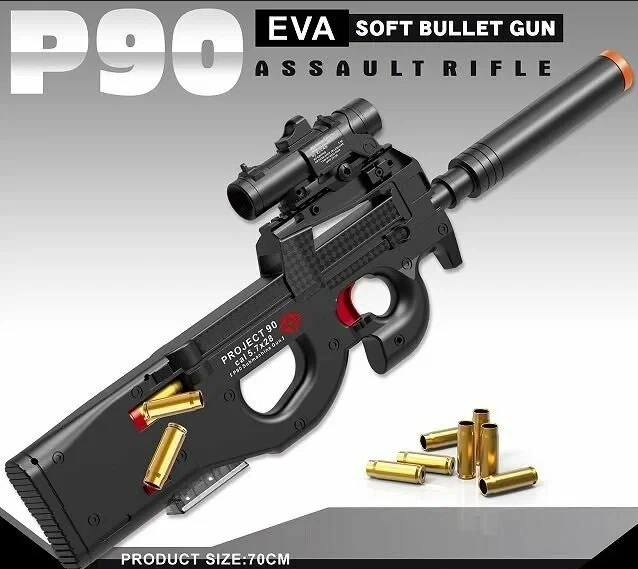 Игрушечный пистолет-автомат P90 на мягких пулях EVA 70 см с глушителем, оптическим прицелом черный - изображение 2
