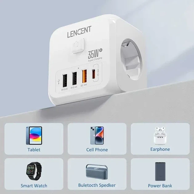 Мережевий фільтр розгалужувач трійник LENCENT PD35W 3AC 3U1C - зображення 2