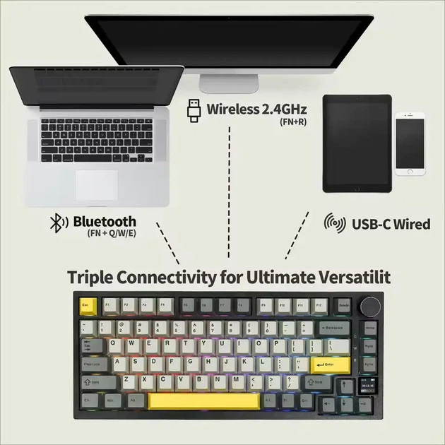 AJAZZ AK820 PRO Flying Fish Switch Black-Gray-Yellow - беспроводная клавиатура, RGB-подсветка, регулятор звука + экран - изображение 3