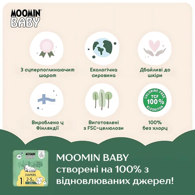 Эко-подгузники Moomin Baby Size 1 (2–5 кг) для новорожденных 25 шт - изображение 3