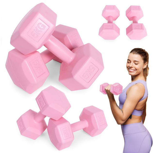 Hantle sześciokątne do ćwiczeń Modern Home 2 x 5 kg Różowe (5905817006175) - obraz 5