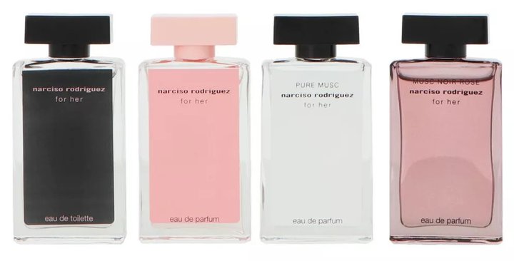 Zestaw miniaturek damskich Narciso Rodriguez Woda toaletowa For Her 7.5 ml + Woda perfumowana For Her 7.5 ml + Woda perfumowana Pure Musc 7.5 ml + Woda perfumowana Musc Noir Rose 7.5 ml (3423222124649) - obraz 2