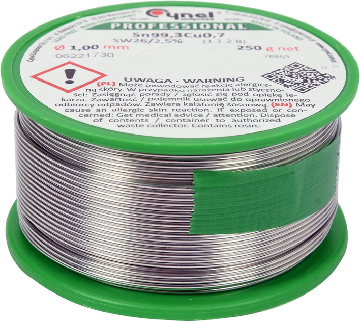 Drut lutowniczy bezołowiowy Cynel z topnikiem na szpuli 1 mm 250 g Sn99.3Cu0.7 (5906083070310) - obraz 1
