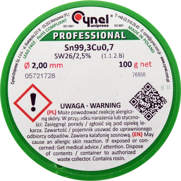 Припій без свинцю Cynel Ø2 мм, Sn99,3-Cu0,7 дротяний на котушці з флюсом m= 100 г (5906083070341) - зображення 2