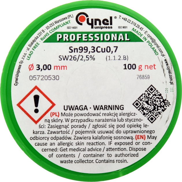 Drut lutowniczy bezołowiowy Cynel z topnikiem na szpuli 3 mm 100 g Sn99.3Cu0.7 (5906083070372) - obraz 2