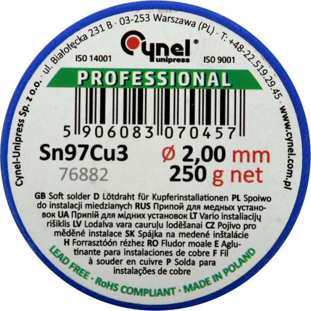 Drut lutowniczy Cynel do instalacji miedzianych na szpuli Sn97Cu3 2 mm 250 g (5906083070457) - obraz 2