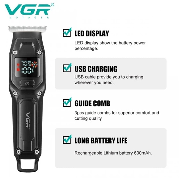 Мужской аккумуляторный триммер для бороды и усов VGR V-964 с 3 сменными насадками 1-3 мм. Черный - Фото 2 Мужской аккумуляторный триммер для бороды и усов VGR V-964 с 3 сменными насадками 1-3 мм. Черный - изображение 2